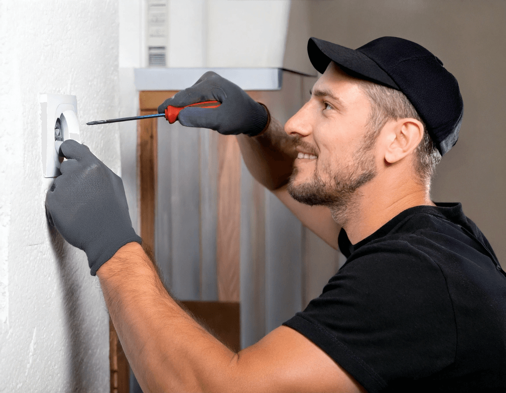 A Bosanac crew member wearing a black cap and black shirt uses a screwdriver to install or repair a white electrical outlet on a wall, while wearing gray gloves. A Bosanac crew member wearing a black cap and black shirt uses a screwdriver to install or repair a white electrical outlet on a wall, while wearing gray gloves.