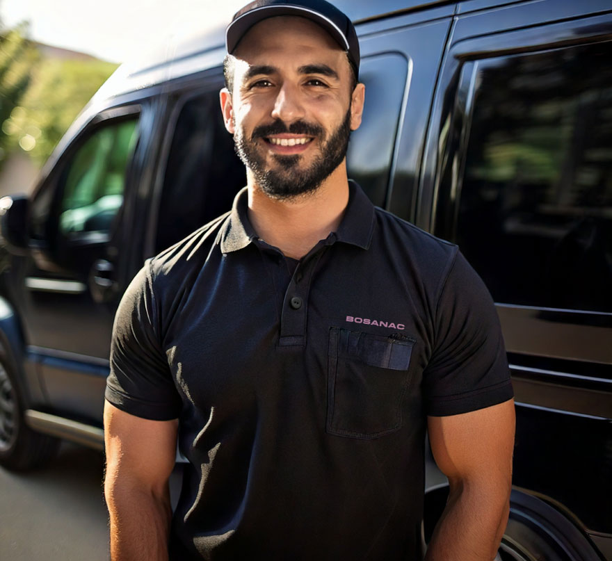 A smiling Bosanac crew member wearing a black cap and a black t-shirt with the Bosanac logo stands outdoors with a blurred background of a vehicle and houses in soft daylight.