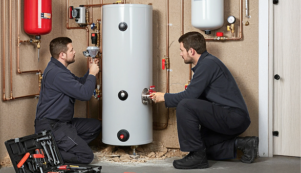 Two Bosanac HVAC technicians install and inspect a water heater system, surrounded by copper piping and tools on the floor. Two Bosanac HVAC technicians install and inspect a water heater system, surrounded by copper piping and tools on the floor.