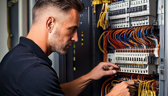 A Bosanac expert inspects an electrical panel closely during a thorough system check, ensuring all components function properly. A Bosanac expert inspects an electrical panel closely during a thorough system check, ensuring all components function properly.