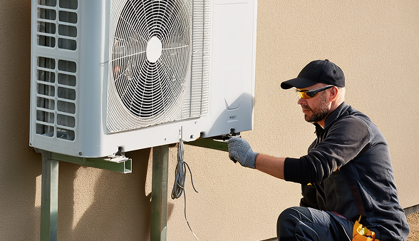A Bosanac expert technician inspects and adjusts an outdoor heat pump unit mounted on a wall bracket, wearing protective gloves and sunglasses. A Bosanac expert technician inspects and adjusts an outdoor heat pump unit mounted on a wall bracket, wearing protective gloves and sunglasses.
