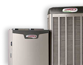 Two Lennox HVAC units side by side, featuring a smaller unit on the left and a larger unit with vertical grille panels on the right.