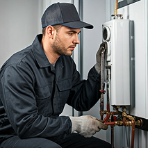 Bosanac technician services a tankless water heater, adjusting valves during a routine maintenance visit. Bosanac technician services a tankless water heater, adjusting valves during a routine maintenance visit.